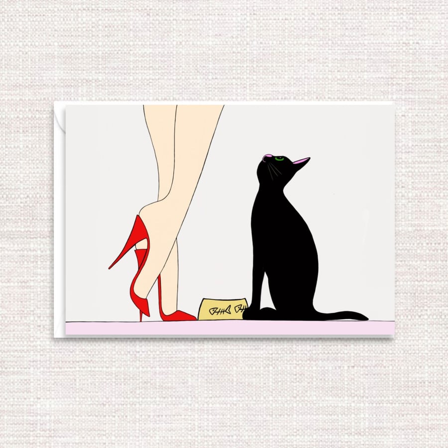 Black Cat Greetings Card - Hand Drawn Illustration for Cat Lover's