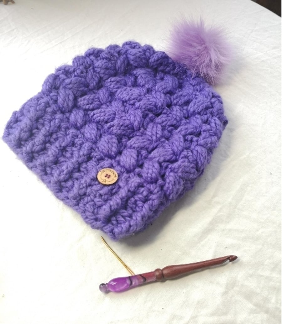 Purple Chunky Braidy Slouchy Hat with Faux Fur Pom Pom.  Crochet.
