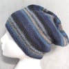 Handknit MENS SLOUCH BEANIE Stripey Blue 1 MEDIUM