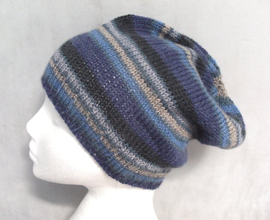 Handknit MENS SLOUCH BEANIE Stripey Blue 1 MEDIUM