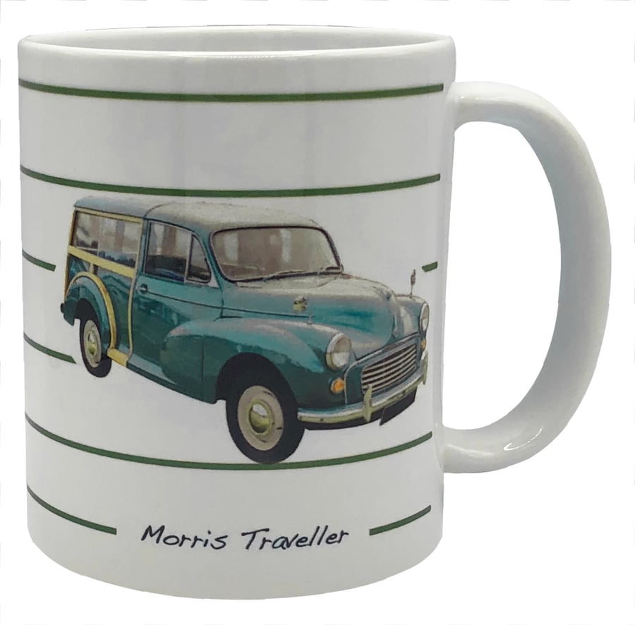 Morris Minor Traveller 1966 (Green) - 11oz Ceramic Mug - Plain or Stripe Design