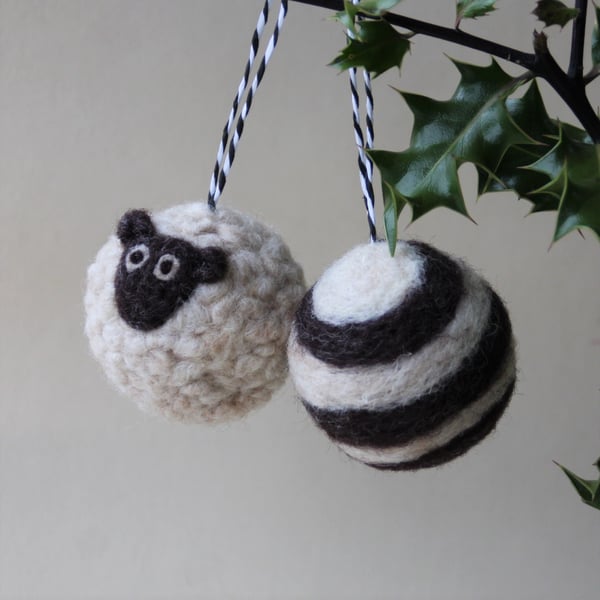 "Baa Humbug!"  pair of needle felted christmas bauble decorations 