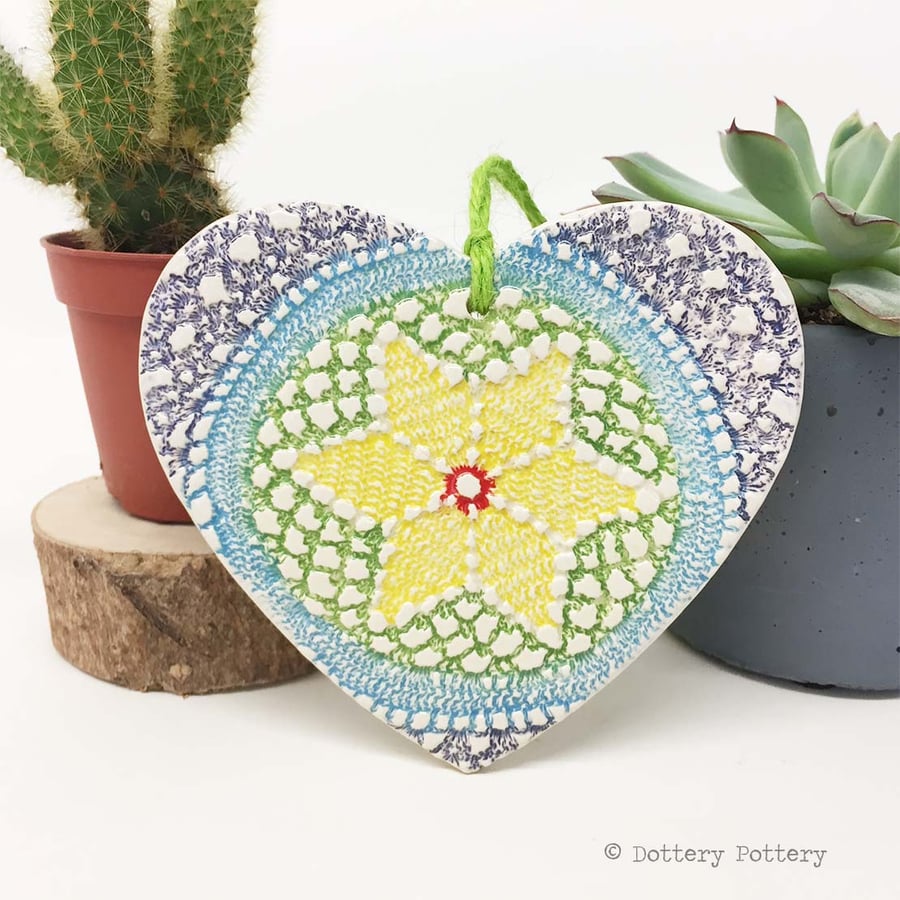 Ceramic heart hanging decoration Pottery Heart Tie Dye Festival Bright Colours