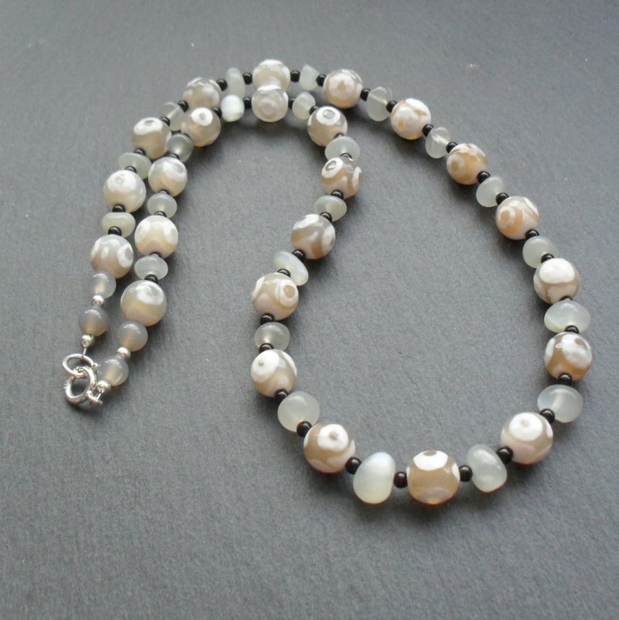 Tibetan Agate Moonstone and Black Onyx Beaded Necklace Sterling Silver
