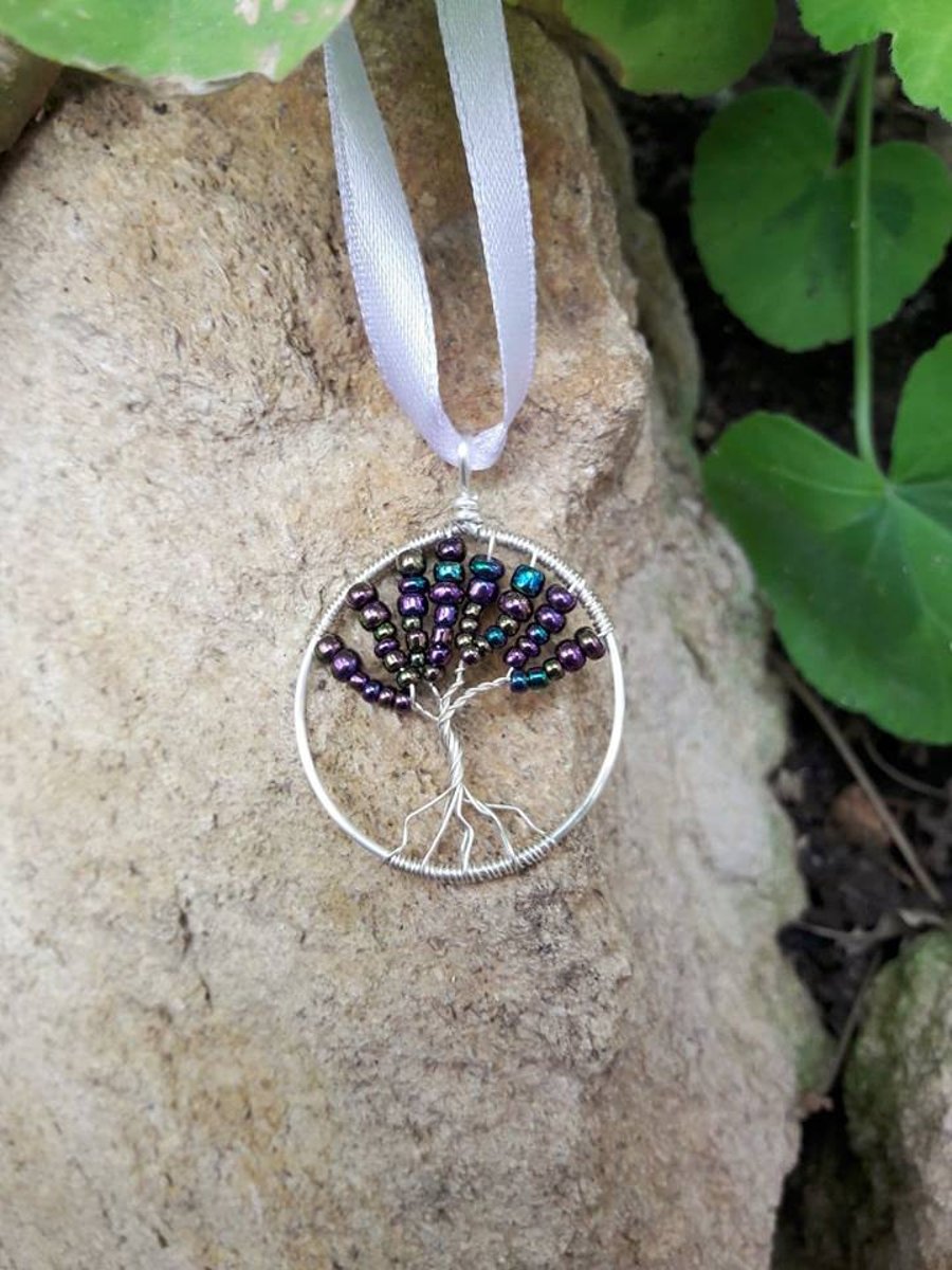 Wire Wrapped Tree of life Pendant Choker on ribbon
