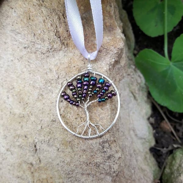 Wire Wrapped Tree of life Pendant Choker on ribbon