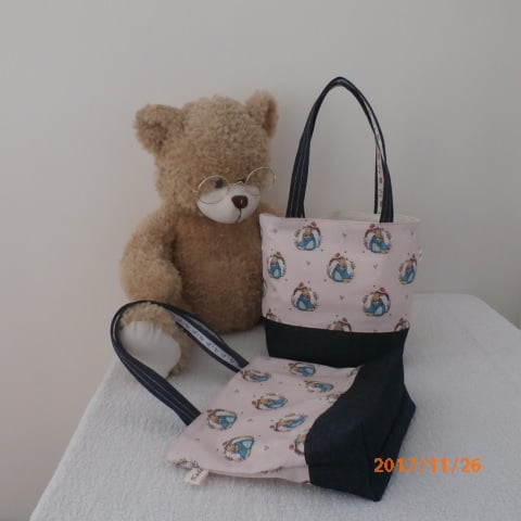 Little Girl's Peter Rabbit Mini Tote Bag Toy Bag in Cotton And Dark Denim Fabric