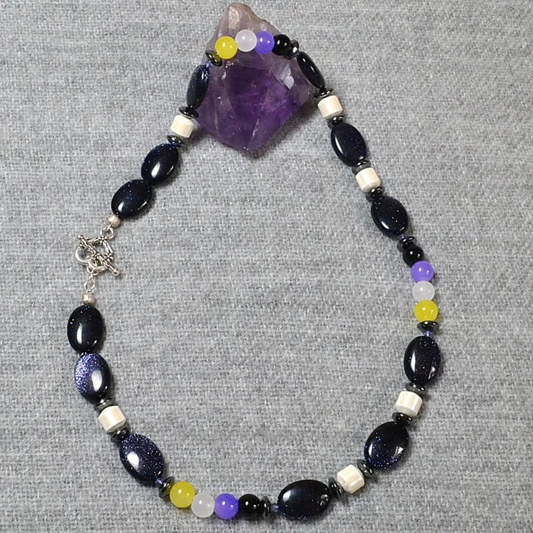 Nonbinary Pride Necklace with Glass Beads, Hematite, Blue Goldstone and Crystals