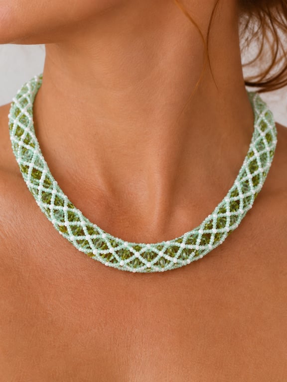Netted rope necklace with green Swarovski bicone crystals and white seed beads