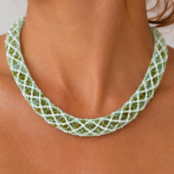 Netted rope necklace with green Swarovski bicone crystals and white seed beads
