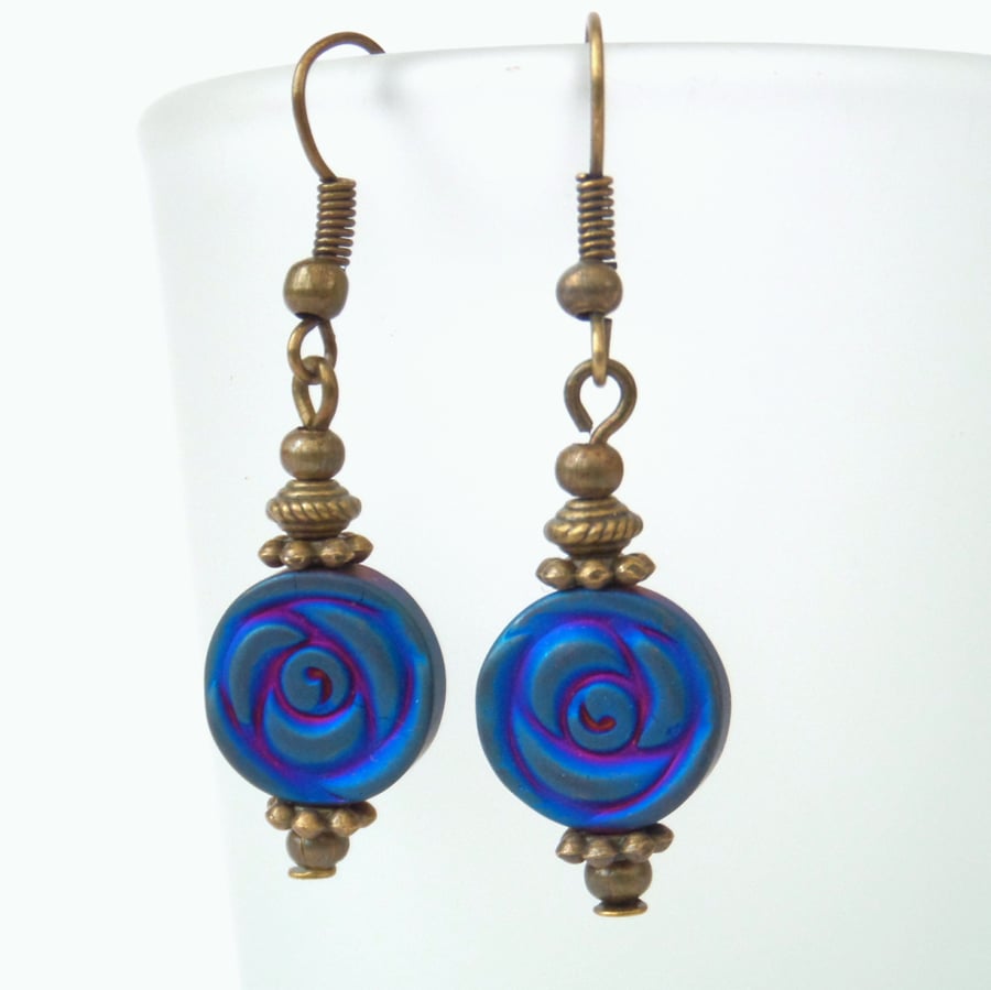Blue hematite & bronze earrings