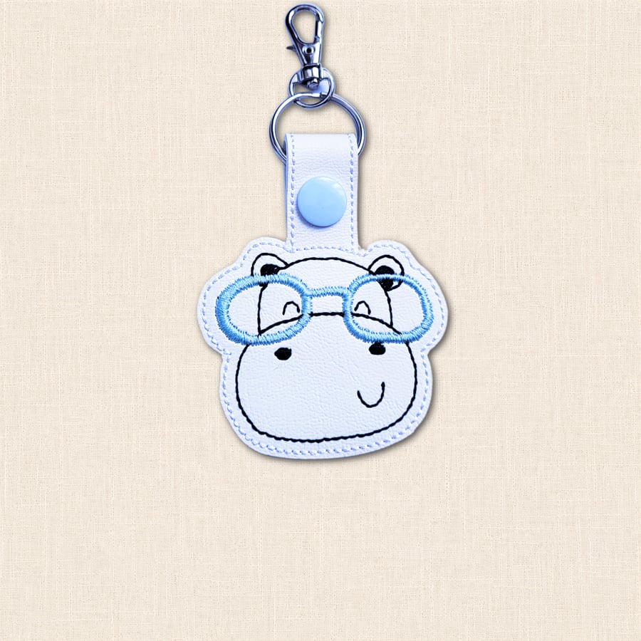 Kawaii Hippo Keyring - Embroidered Animal Bag Charm with Glasses
