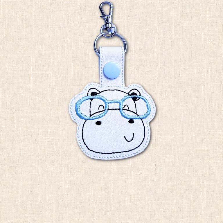 Kawaii Hippo Keyring - Embroidered Animal Bag Charm with Glasses