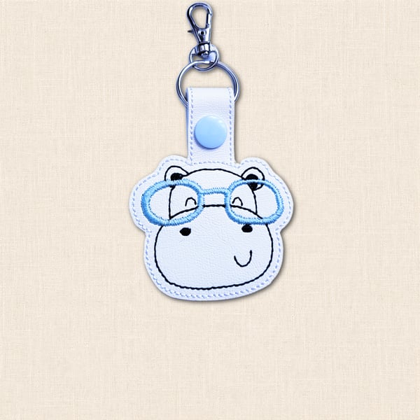 Kawaii Hippo Keyring - Embroidered Animal Bag Charm with Glasses