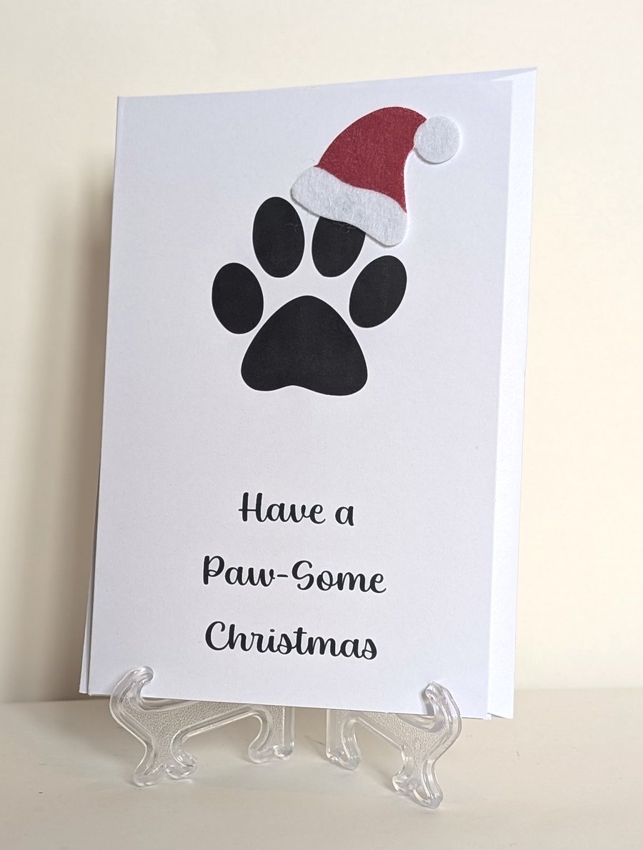Have a Pawsome Christmas Christmas Card with santa hat and pawprint
