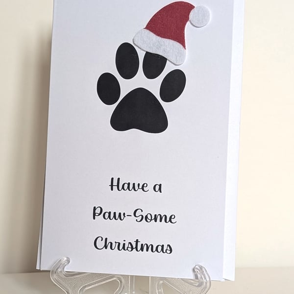 Have a Pawsome Christmas Christmas Card with santa hat and pawprint