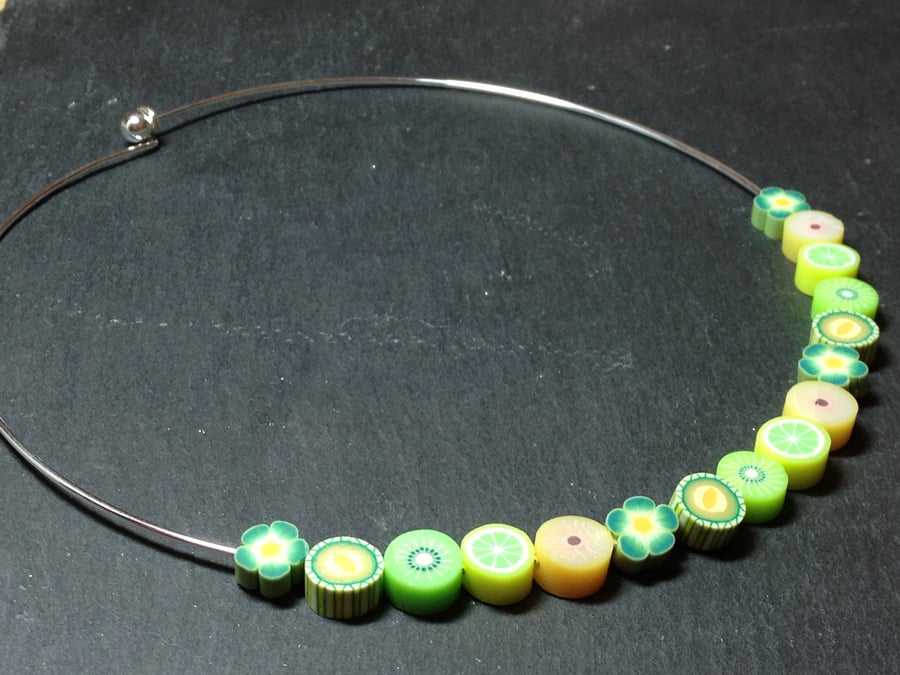 Kiwi & Melon Cocktail Kitsch Polymer Clay Silver Plated Choker Necklace