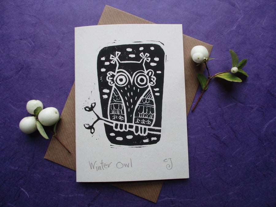 Winter Owl - lino cut print Christmas card
