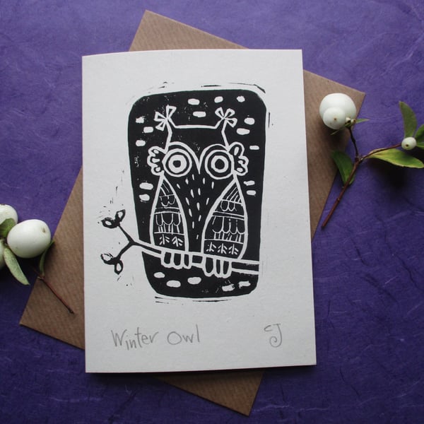 Winter Owl - lino cut print Christmas card
