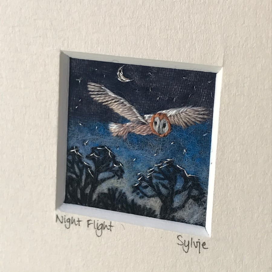 Barn Owl, night flight - embroidered picture