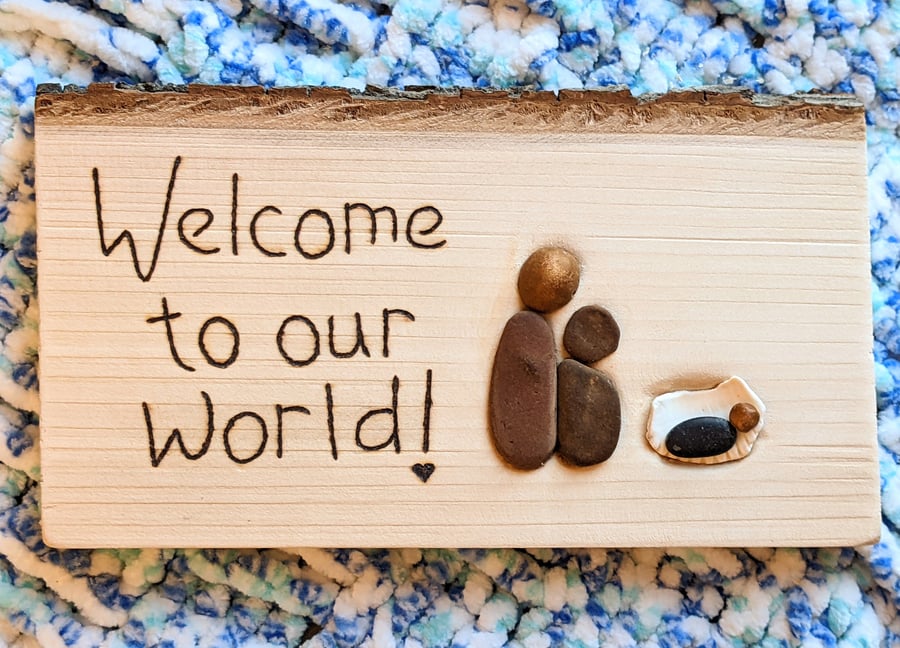 Welcome to the world baby arrival sign with pebble art, Handmade nursery plaque