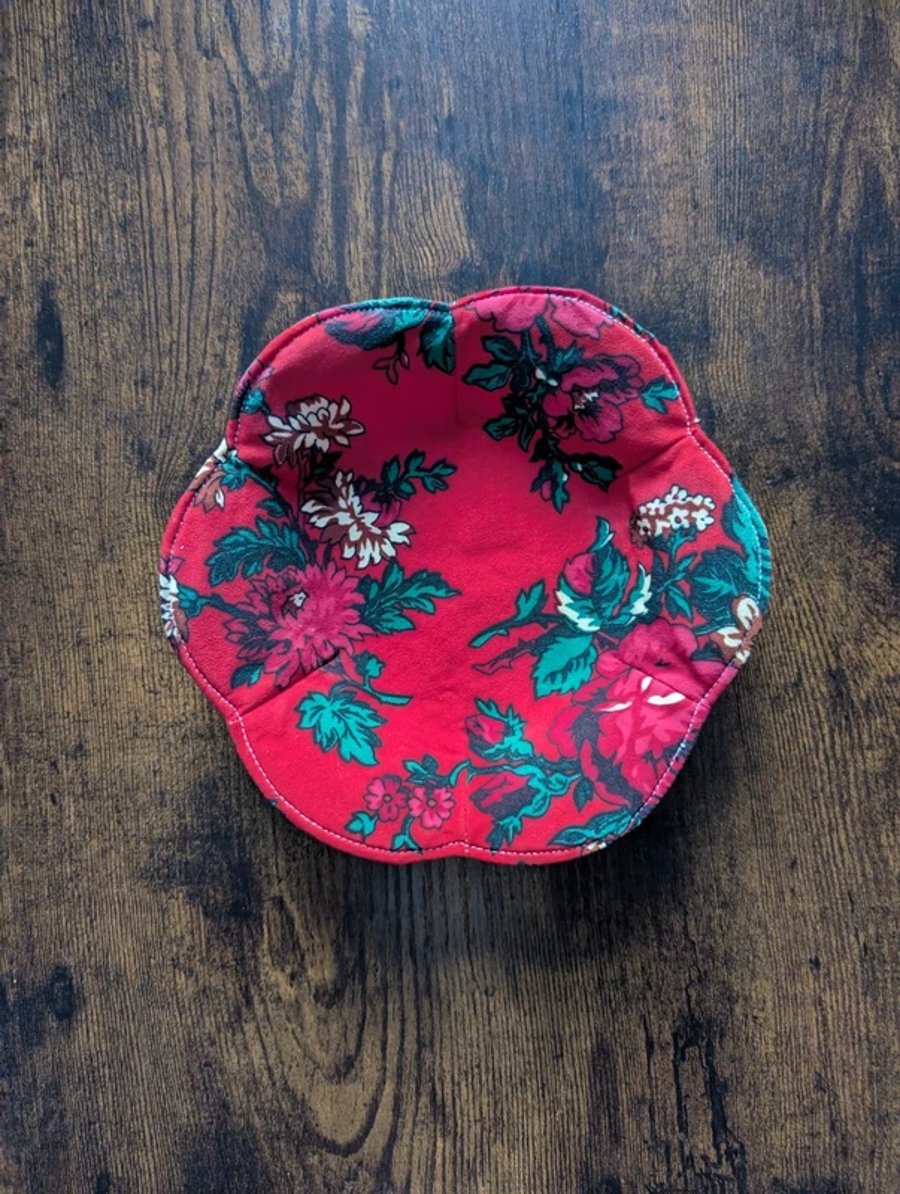 Handmade Floral Textile Bowl – Water-Resistant Red Fabric Trinket Dish