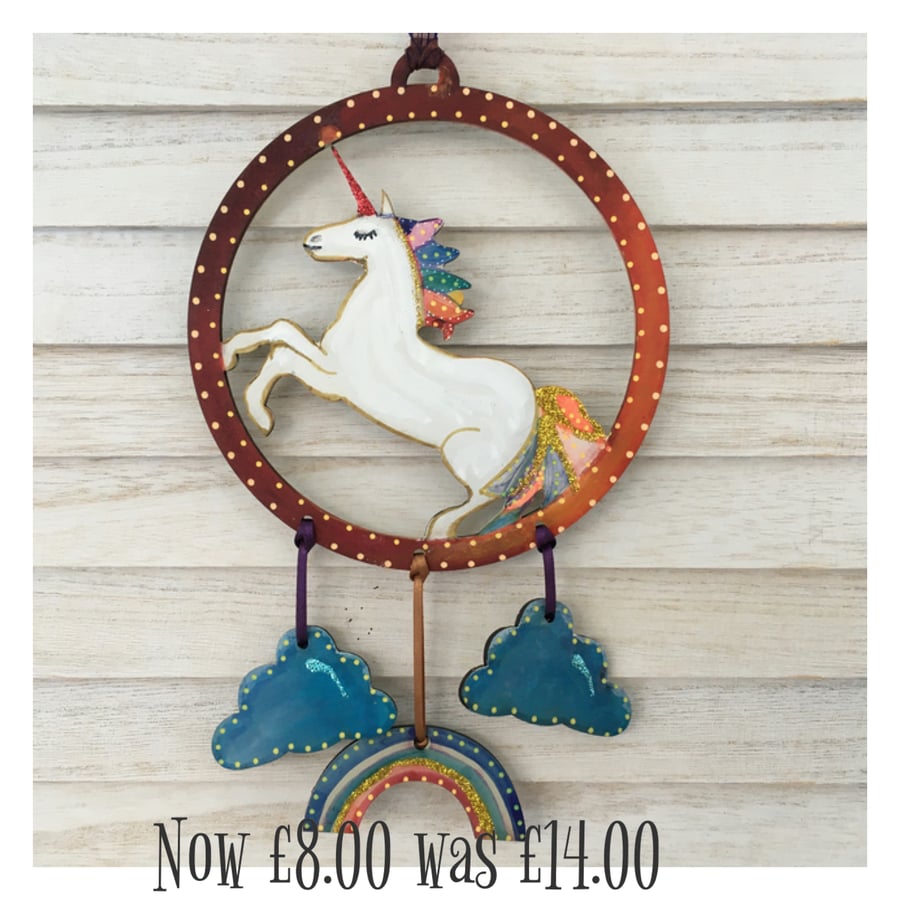 SALE Rainbow unicorn dream catcher painted wood 