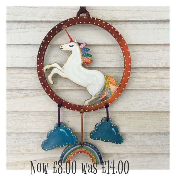 SALE Rainbow unicorn dream catcher painted wood 