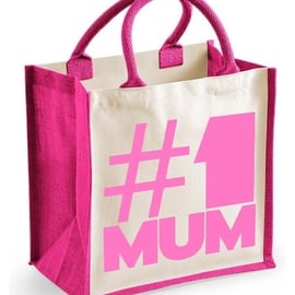 Hashtag Number One Mum Midi Jute Shopper Lunch Bag Mothers Day Birthday