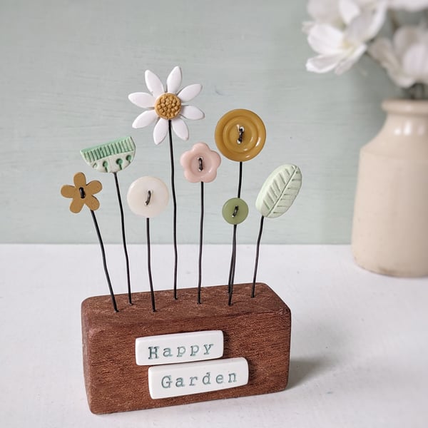 Clay and Button Flower Garden in a Wood Block 'Happy Garden'