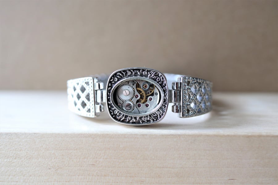 Upcycled stainless steel watch parts stylish stretchable bracelet