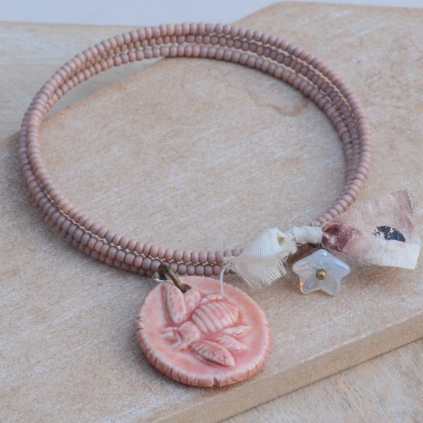 Dusky Pink Memory Wire Wrap Bracelet with Ceramic Bee Charm