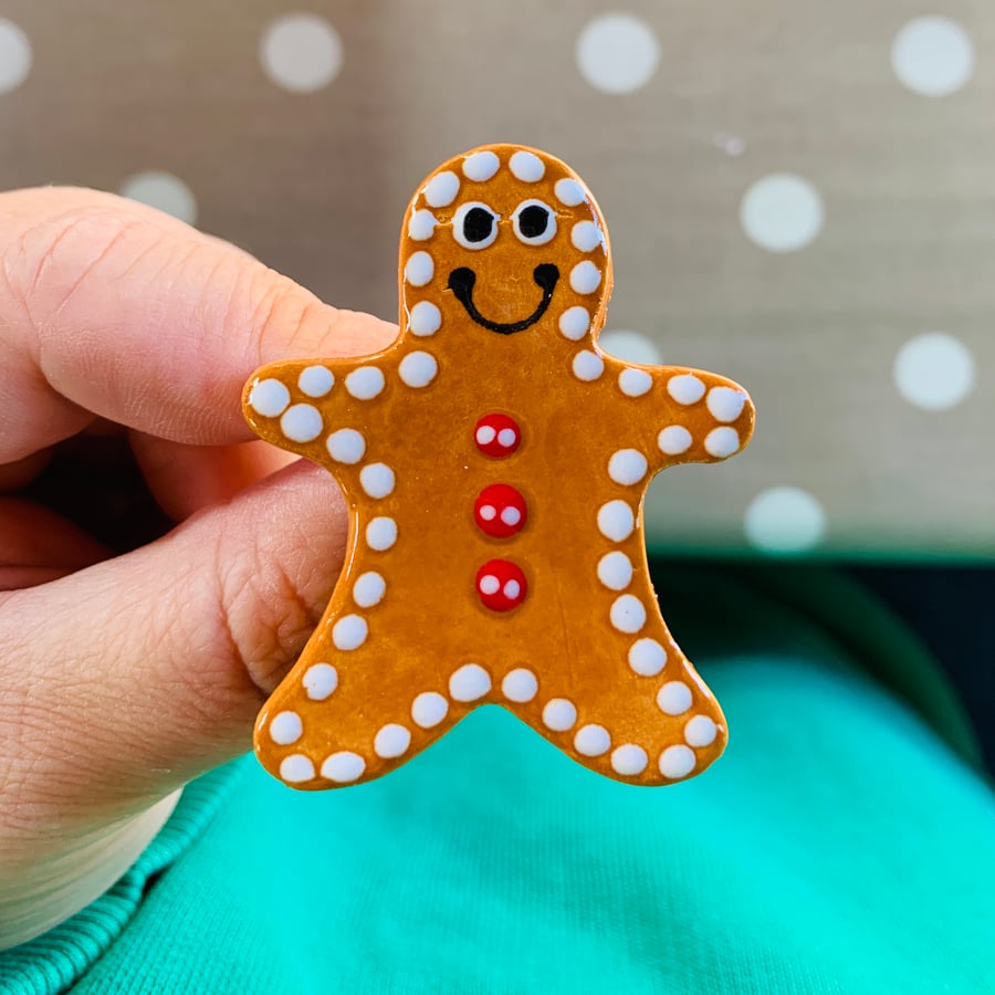 Handmade Ceramic Gingerbread Man Brooch, Unique Christmas Badge