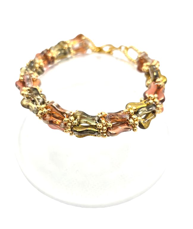 Multicoloured autumn tones Czech glass link bead bracelet with toggle clasp