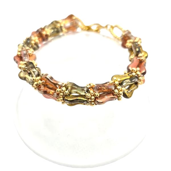 Multicoloured autumn tones Czech glass link bead bracelet with toggle clasp