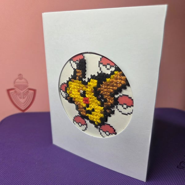 Pixel Pokémon cross stitched greetings card