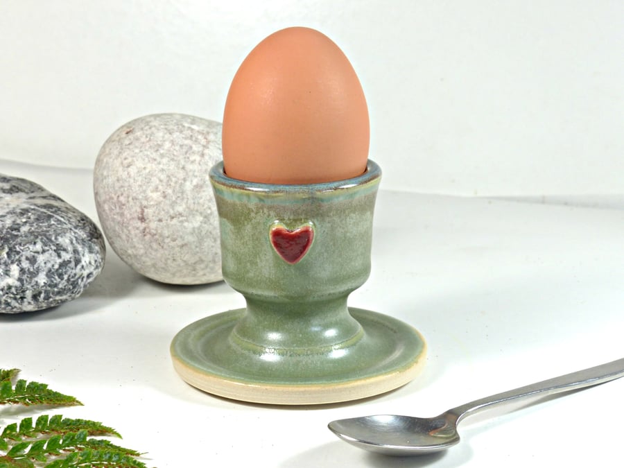 Green Egg Cup Red Heart -  Stoneware Ceramic Pottery UK Wheel thrown Handmade 