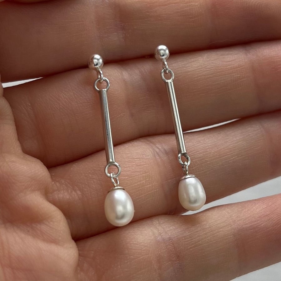 Rice Pearl Bar Drop Earrings - Handmade, Sterling Silver 