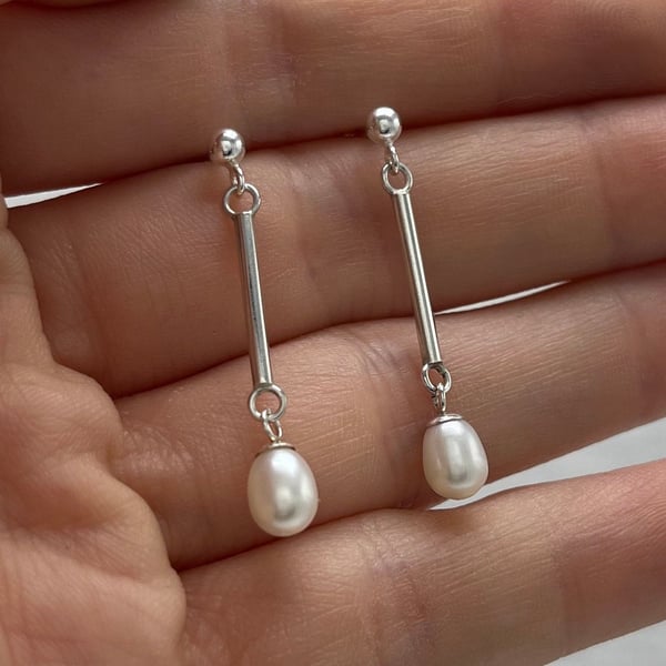 Rice Pearl Bar Drop Earrings - Handmade, Sterling Silver 