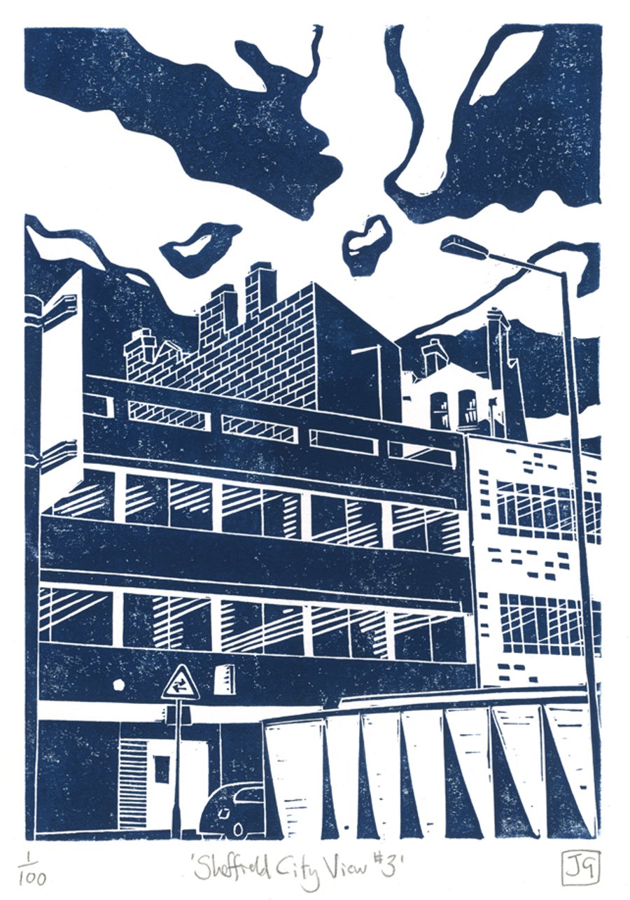 Sheffield City View No.3 linocut print