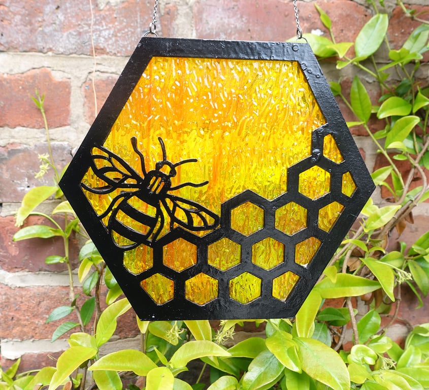 Stained Glass Honey Bee Suncatcher Hexagonal Design