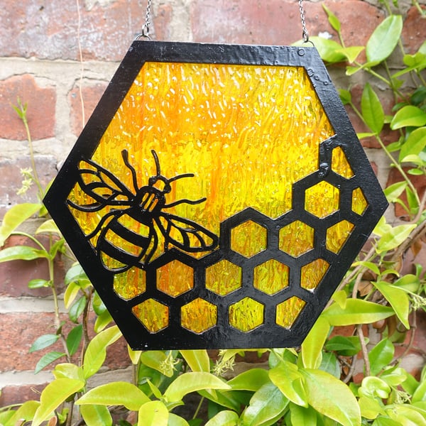Stained Glass Honey Bee Suncatcher Hexagonal Design