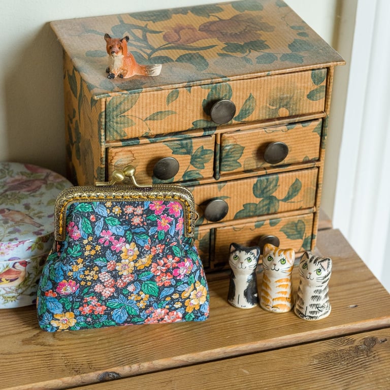 Coin purse made with Liberty dark floral lawn in Autumn colours
