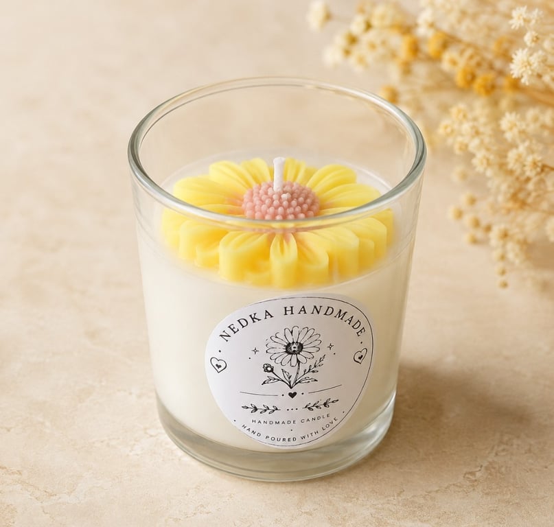 Handmade Yellow Daisy Candle in Glass Jar - Floral Gift