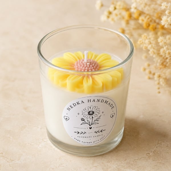 Handmade Yellow Daisy Candle in Glass Jar - Floral Gift