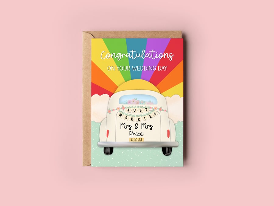 Personalised Just Married Wedding Car LGBTQ Card, Gay Wedding Card, Rainbow