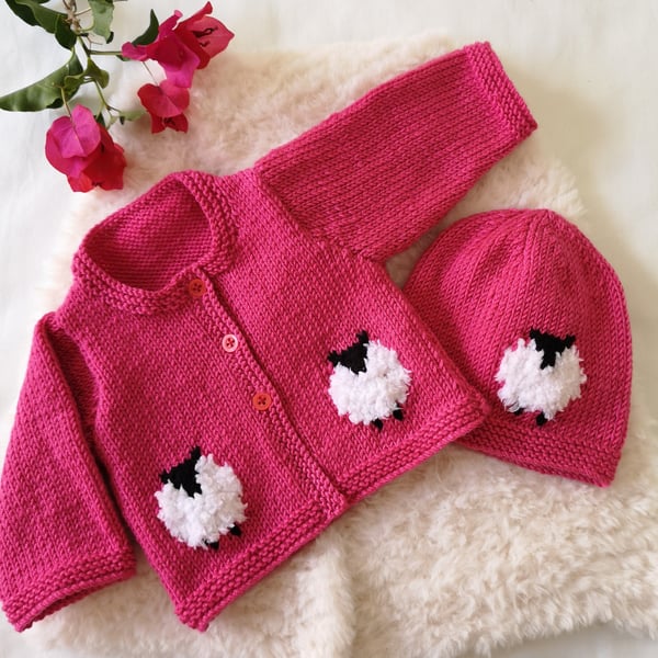 Knitting Pattern for Baby Sheep Cardigan and Hat for Boy or Girl.  Digital