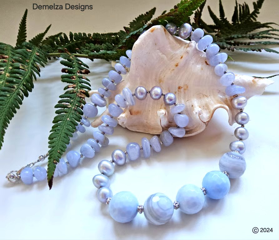 Designer Statement Blue Lace Agate & Freshwater Culture Pearl Necklace 