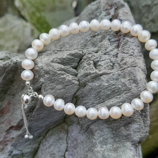 White Cultured Pearl and Sterling Silver Slider Bracelet