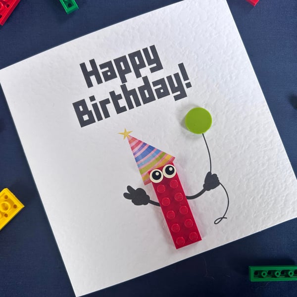 Fun Birthday Card Made From Genuine LEGO Bricks. LEGO Brick holding a balloon.